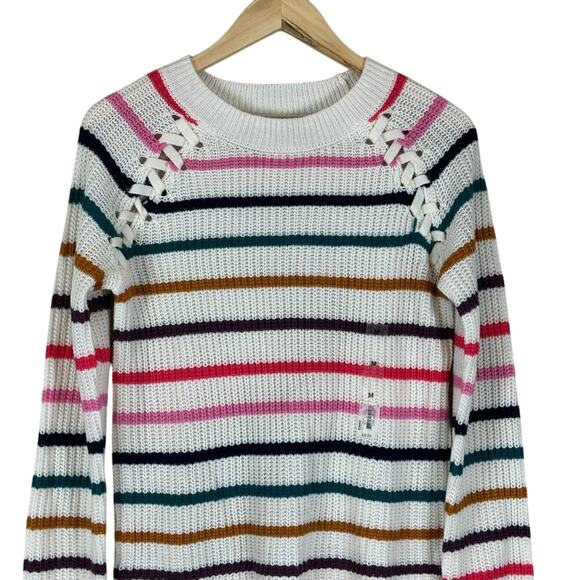 NWT SO Sweater Womens S Multicolor Striped Lace Up Crew Neck Knit Cozy Preppy - Picture 2 of 6